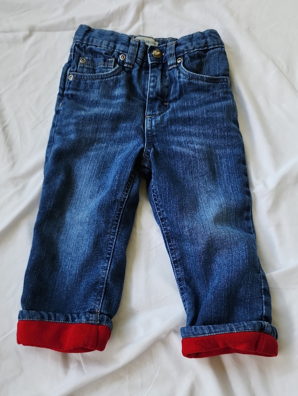 Toughskins 24 Months Blue Denim Jeans with Fleece Lining Red Cuffed Hem